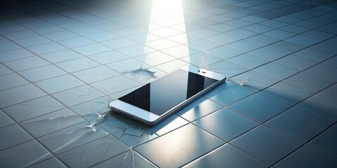 A smartphone lies on a cracked tiled floor, shattered by an unseen force, bathed in the glow of a single light source.