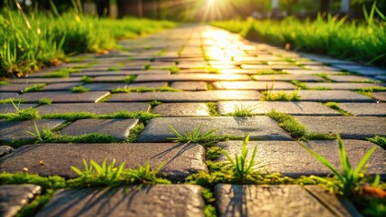 A sun-drenched stone pathway, where nature gently reclaims its space, with vibrant green grass pushing through the cracks, creating a picturesque scene of harmonious coexistence.