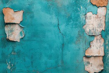 A textured wall with peeling turquoise paint and exposed areas, showcasing a vintage, weathered look that adds character and depth.