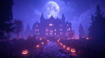 Naklejka premium Mysterious Mansion Under Full Moon with Lanterns