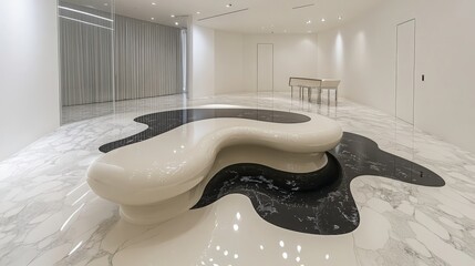 Sleek Modern Interior Design Featuring Abstract Shaped Furniture on a Polished Marble Floor with Elegant Lighting and Minimalist Aesthetic