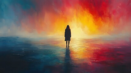 Solitary Figure Standing at the Edge of a Vibrant Sunset Over an Abstract Ocean, Evoking Feelings of Reflection and Tranquility in a Dreamlike Landscape