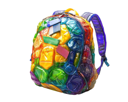 Colorful backpack made of recycled materials, white isolated background.
