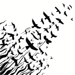 Flying flock of birds set black silhouette isolated on white background vector