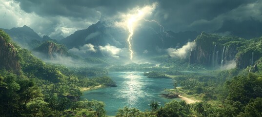Obraz premium Lightning thunder strike on mountain lake valley. Generative AI technology.