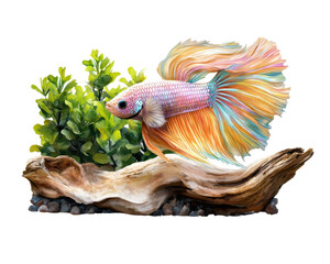 Fototapeta premium Colorful betta fish swimming among aquatic plants in a natural setting.