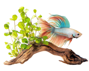 Colorful betta fish swimming near aquatic plants on wood.