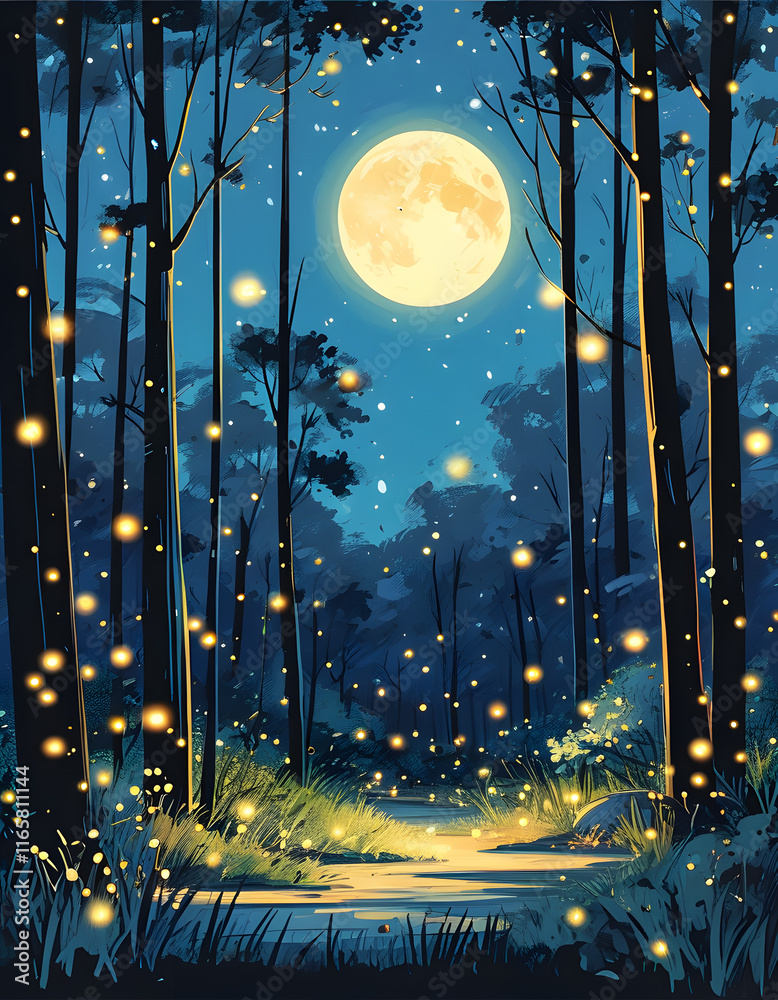 Canvas Prints Forest Night with Fireflies