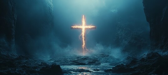 Naklejka premium Glowing Jesus Cross on dark valley scene. Religion faith worship spirituality concept. Generative AI technology. 