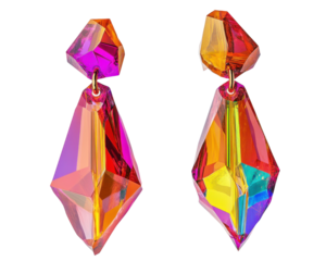 Colorful crystal earrings, radiant light reflection, isolated on white background.