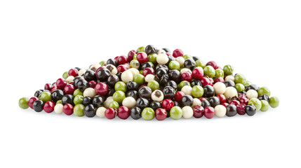 side view on one single mix of green, red, white and black peppercorns pile heap isolated on white background