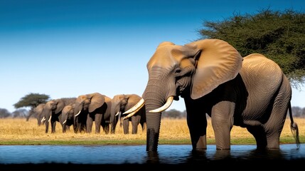Fototapeta premium A group of elephants near a water source in a natural landscape.