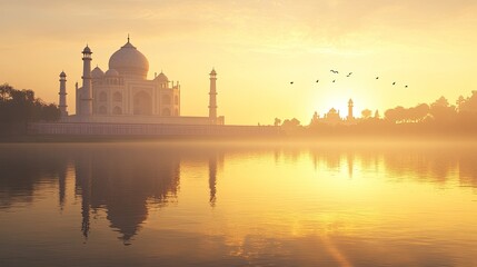 A majestic view of the Taj Mahal at sunset, reflected in the calm waters of the Yamuna River, with soft golden light and a clear sky