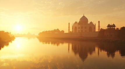 A majestic view of the Taj Mahal at sunset, reflected in the calm waters of the Yamuna River, with soft golden light and a clear sky