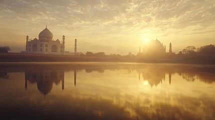 Naklejka premium A majestic view of the Taj Mahal at sunset, reflected in the calm waters of the Yamuna River, with soft golden light and a clear sky