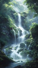 A majestic waterfall cascades down moss-covered rocks