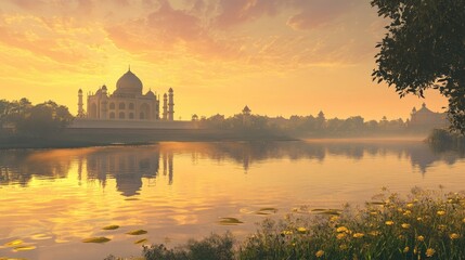 Naklejka premium A majestic view of the Taj Mahal at sunset, reflected in the calm waters of the Yamuna River, with soft golden light and a clear sky