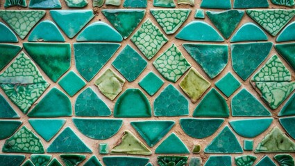 Background texture of handmade green turquoise mosaic tiles