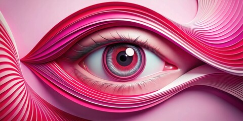 A single eye, framed by delicate pink curves, emerges from a mesmerizing swirling pattern of layered paper