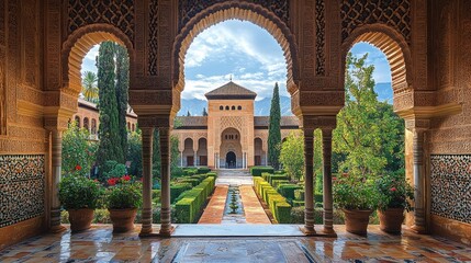 Moorish architecture, intricate arches, courtyard, gardens, Spain.