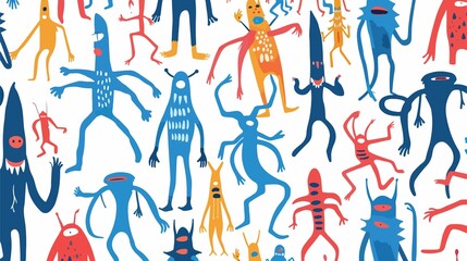 Eccentric characters with elongated arms in a surreal setting