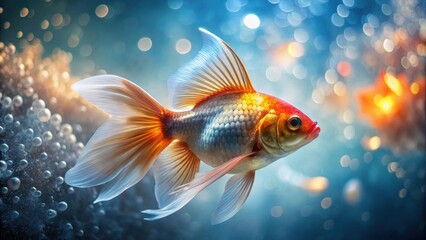 Fototapeta premium A single goldfish with shimmering scales gracefully swims through a mesmerizing aquatic landscape, illuminated by a cascade of shimmering bubbles and a backdrop of ethereal light.