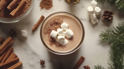 Fototapeta premium Top view of hot chocolate with marshmallows and cinnamon.