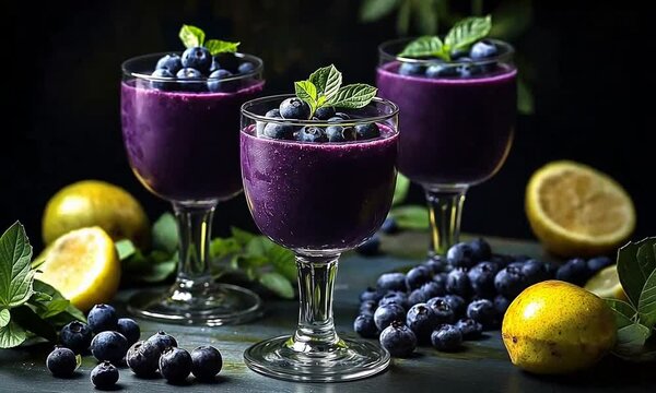 Blue berry smoothie in martini glasses surrounded by blue berries on a table