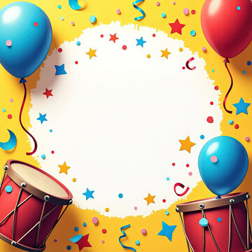 Composici&oacute;n festiva y alegre con tambores rojos, globos azules y confeti en formas de estrellas y serpentinas, alrededor de un espacio blanco central sobre un fondo amarillo, para cumplea&ntilde;os y carnava