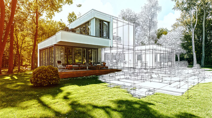 Modern sustainable house project merging with finished building in a green environment