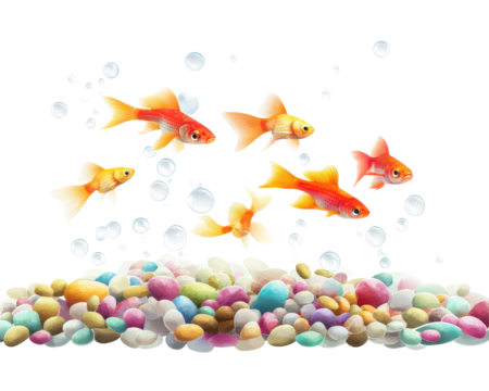 Colorful goldfish swimming above a bed of multicolored pebbles, white isolate background.