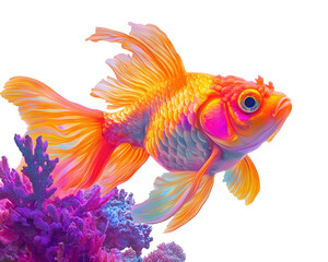Fototapeta premium Colorful goldfish swimming among vibrant coral on a white isolated background.