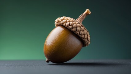 Macro shot of dried acorn on green backdrop