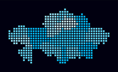 Obraz premium Kazakhstan dotted map. Digital style map of the country on a dark background. Kazakhstan shape with square dots. Colored dots style. Large size squares. Abstract vector illustration.