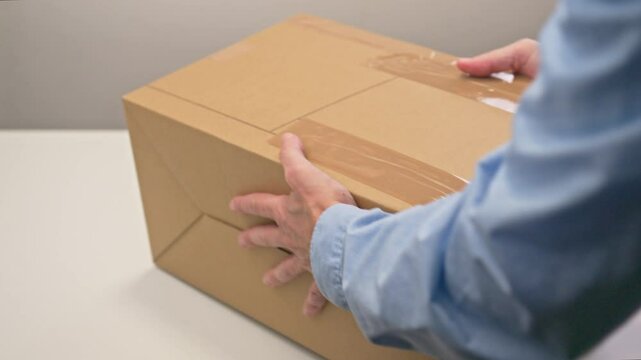 Close-up shot of a person picking up a freshly packed, sealed recycled cardboard box from a table, for shipment by parcel transport