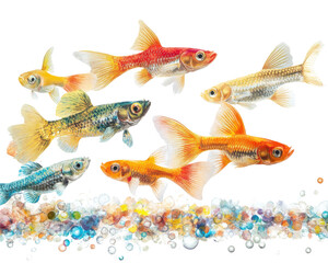 Fototapeta premium Colorful goldfish swimming in clear waters, surrounded by colorful pebbles.
