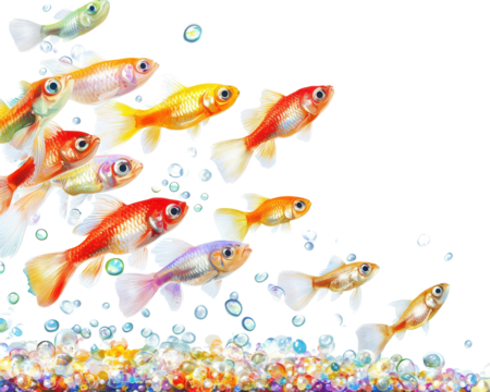 Colorful goldfish swimming in a playful, vibrant underwater scene.