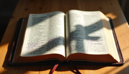 Open book on a wooden table with sunlight