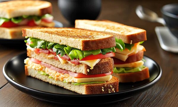 Bread sandwich in a black plate 