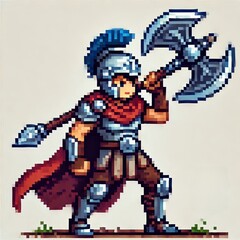 vector design of knight in full armor and spear weapon, pixel art