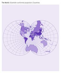 Naklejka premium World Map in Eisenlohr conformal projection, featuring countries in a high-detail style. Ideal for infographics, education, reports, and presentations. Vector illustration.