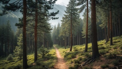 Obraz premium Pathway through serene pine forest in daylight
