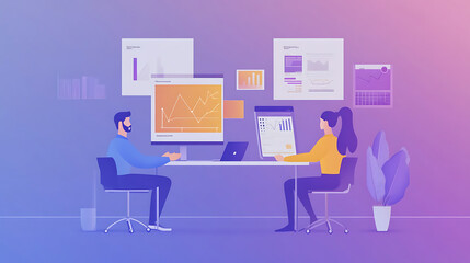  Two professionals discussing shortcuts to improve efficiency, surrounded by graphs (2)