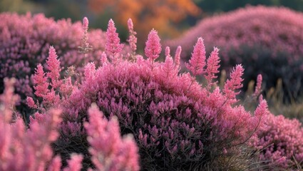Pink heather blooming magically in autumn fields