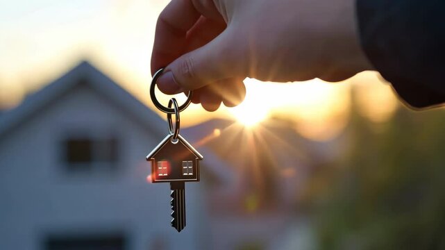 House Keys. Keys from new housing, dwellings among blurred real estate, apartment building. Relocation. Open entrance door, house shaped keychain. Door Keyring. Real estate, agent, insurance, property