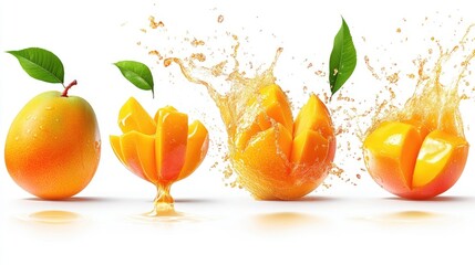 Set of fresh mango fruits with splashing juice and leaves, cut out