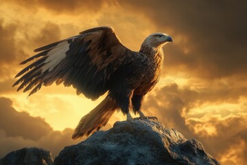 Fototapeta premium A griffin stands nobly on a rocky ledge, wings outstretched as the warm sunset bathes its form in golden light
