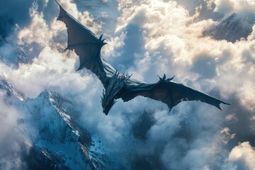 A magnificent dragon glides gracefully above a stunning mountain range, showcasing its impressive size and beauty