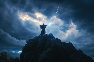 A wizard stands atop a mountain, casting a spell toward a stormy sky filled with dramatic lightning strikes