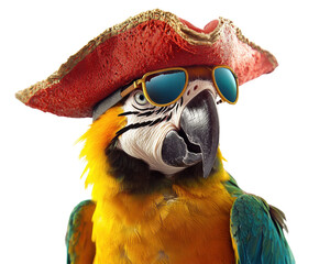 Colorful parrot wearing a pirate hat and sunglasses, white isolate background.